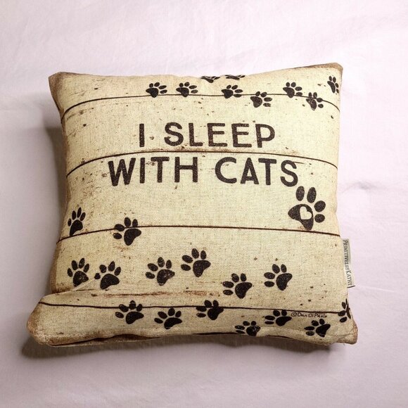 Throw Pillow I Sleep With Cats Rustic Print 12 X 12 in Cotton Linen Blend - Picture 2 of 5